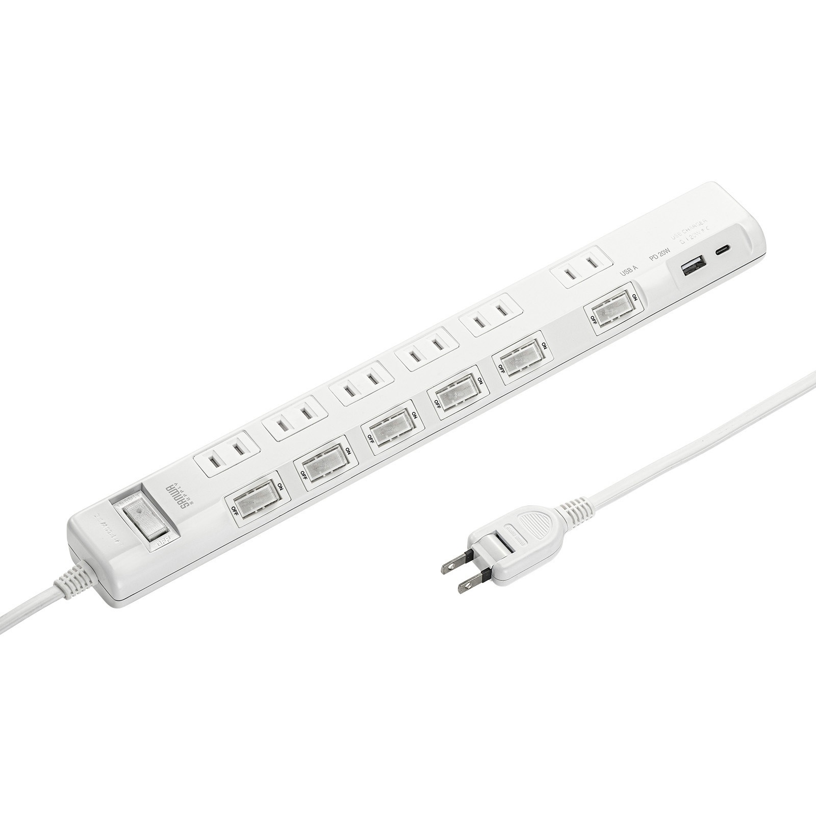 TAP-B108UC-2W 電源タップ_節電エコ サンワサプライ 2P シャッターあり スイング ホワイト色 電源コード2m   TAP-B108UC-2W