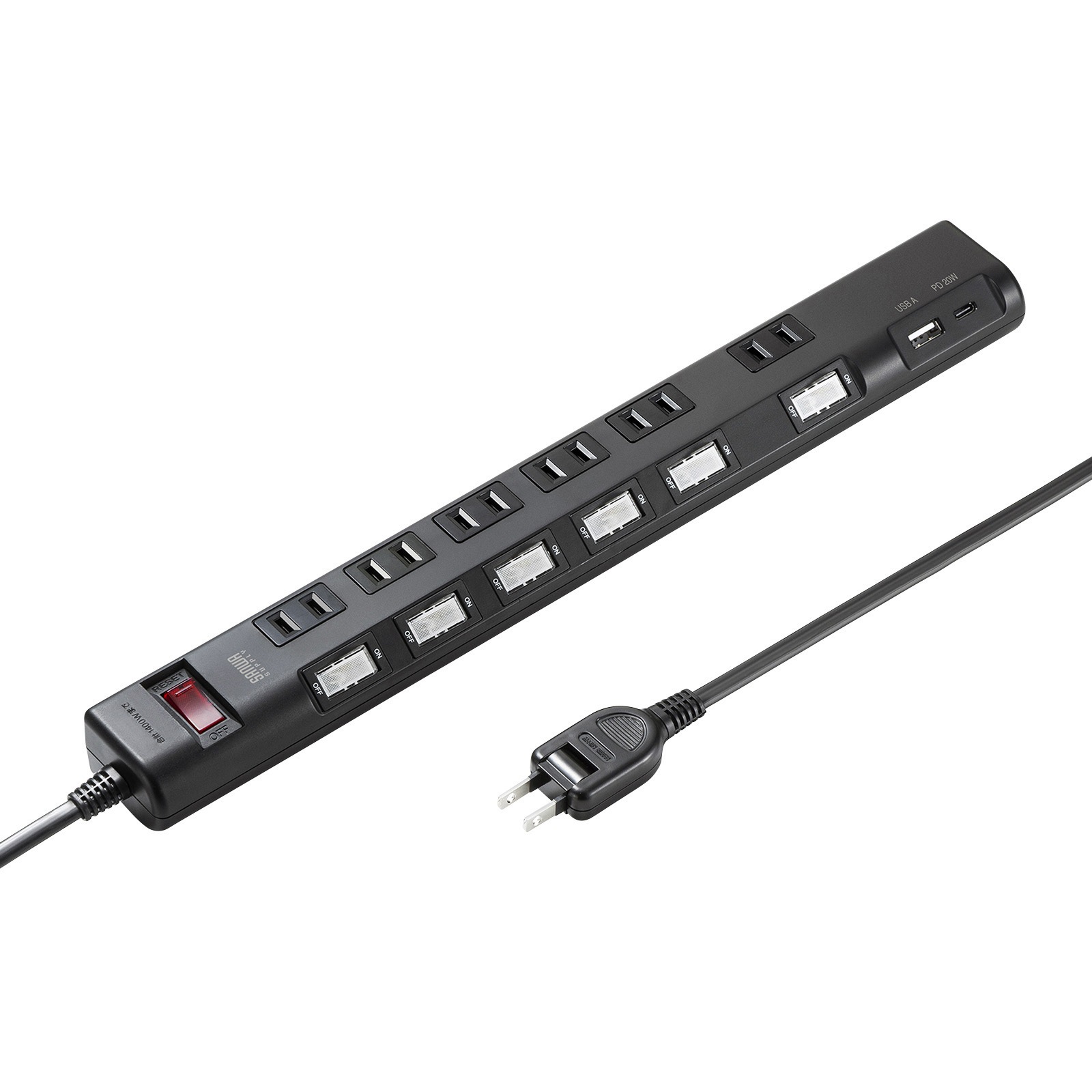 TAP-B108UC-3BK 電源タップ_節電エコ サンワサプライ 2P シャッターあり スイング ブラック色 電源コード3m   TAP-B108UC-3BK