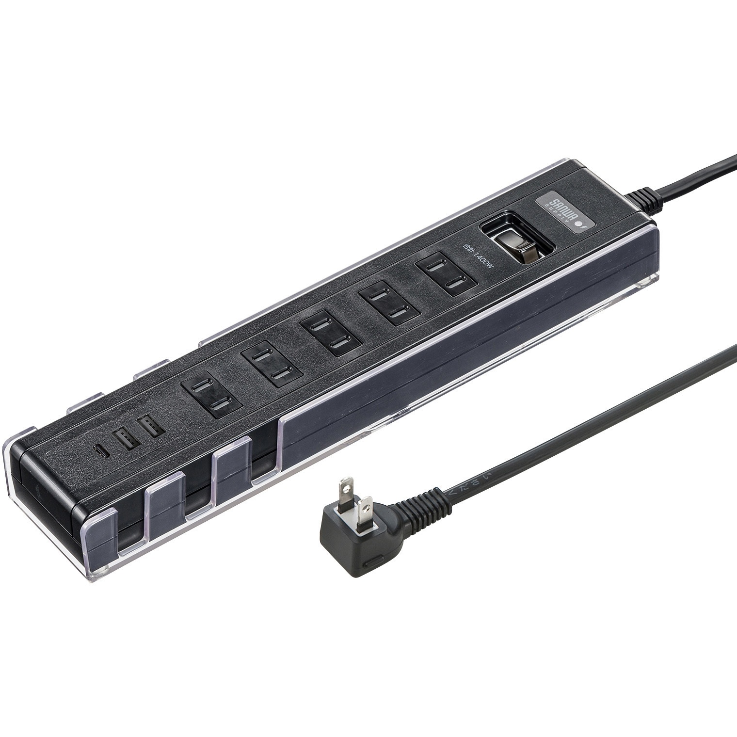 TAP-B47UC-15BK 電源タップ_スマホスタンド付き サンワサプライ 2P 一括集中スイッチ L型 ブラック色 電源コード1.5m   TAP-B47UC-15BK