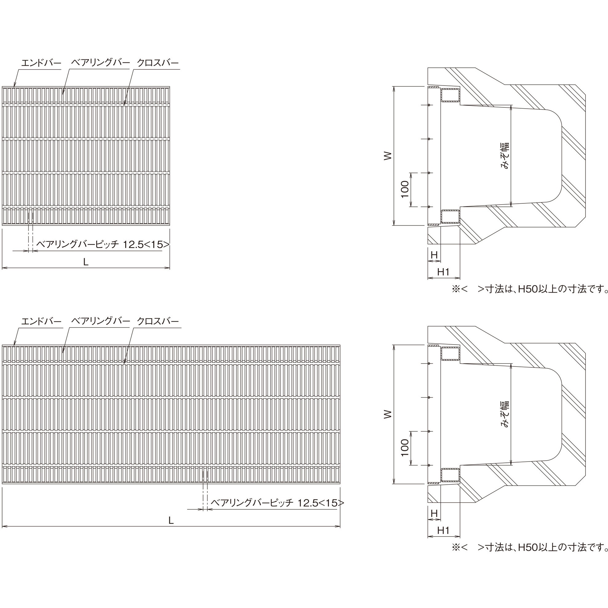 PF-AJS 90-338-2.5 鋼板製グレーチング かさ上げ式細目みぞぶた〈JIS型〉 プレーンタイプ PF-AJS/BJS(一般型) ニムラ 溝幅250mm
