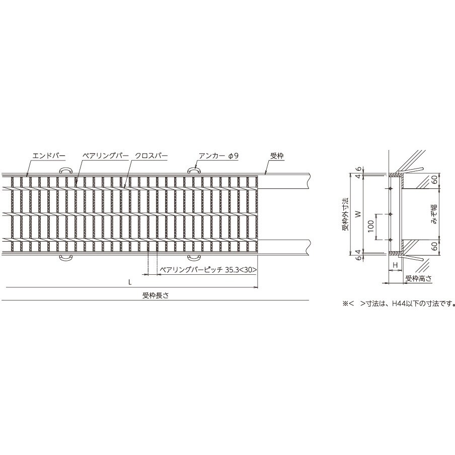 鋼板製グレーチング 横断溝用みぞぶた ノンスリップタイプ 普通目 PKD-V(スベリ止) 荷重T-14 溝幅550mm