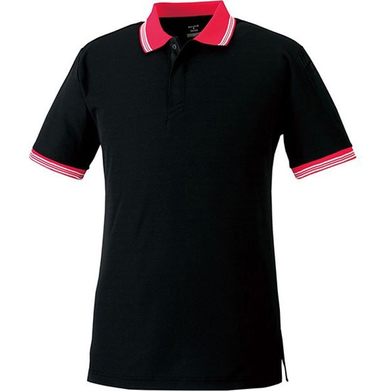 370-BLK×RED-LL スナップ釦ストレッチ半袖ポロ 小倉屋 ブラック×レッド