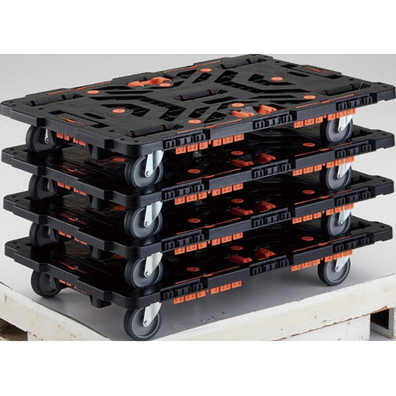 BT900KJ5-E100T-M4 4台まとめ買い 連結型樹脂製平台車ビートル オール自在タイプ(とめたろう・収納式柵付) TRUSCO 樹脂(PP)再生材100%製 ブラック色 1セット(4台) BT900KJ5-E100T-M4