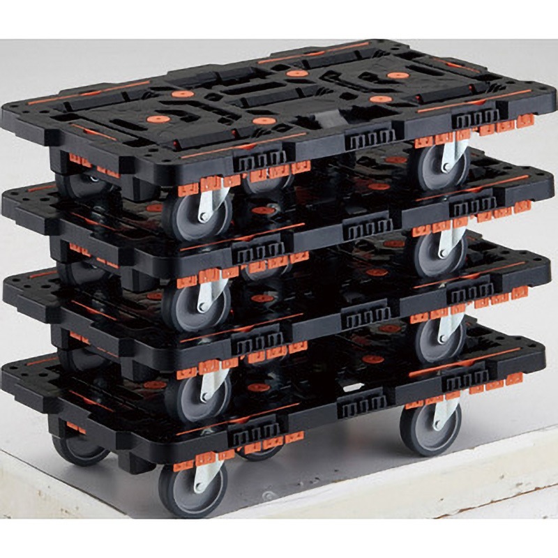 BT700KJ5-E100-M4 4台まとめ買い 連結型樹脂製平台車ビートル オール自在タイプ(収納式柵付) TRUSCO 樹脂(PP)再生材100%製 ブラック色 荷台寸法700×450mm 1セット(4台) BT700KJ5-E100-M4