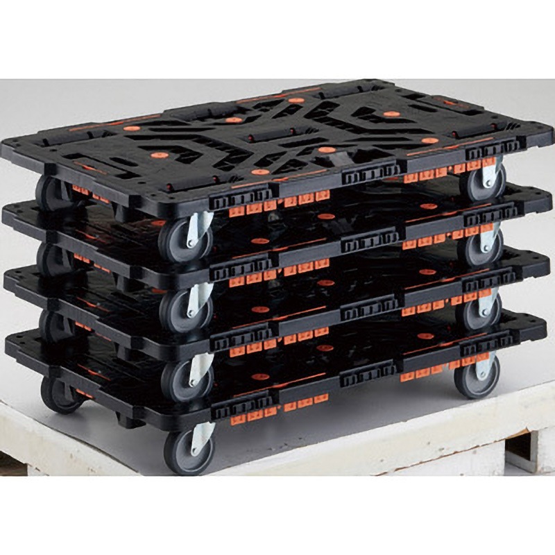 BT900KJ3-E100-M4 4台まとめ買い 連結型樹脂製平台車ビートル 自在・固定タイプ(収納式柵付) TRUSCO 樹脂(PP)再生材100%製 ブラック色 荷台寸法900×600mm 1セット(4台) BT900KJ3-E100-M4