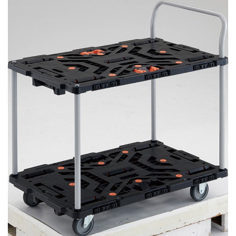 BT924J3-E100T 連結型樹脂製台車ビートル 2段式自在・固定タイプ(とめたろう・ハンドル付) TRUSCO 樹脂(PP)再生材100%製 ブラック色 荷台幅600mm荷台奥行900mm  BT924J3-E100T