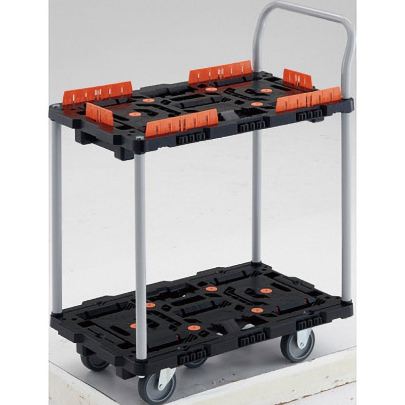 BT724KJ3-E100 連結型樹脂製台車ビートル 2段式自在・固定タイプ(ハンドル・収納式柵付) TRUSCO 樹脂(PP)再生材100%製 ブラック色 荷台幅450mm荷台奥行700mm  BT724KJ3-E100