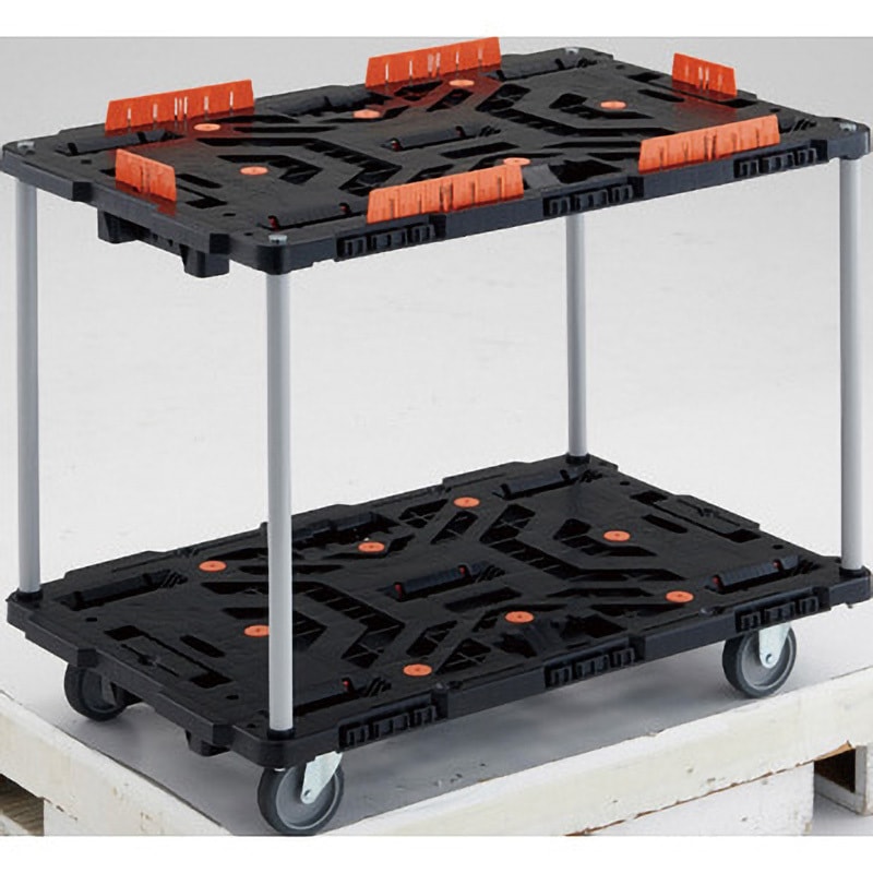 BT920KJ3-E100 連結型樹脂製台車ビートル 2段式自在・固定タイプ(ハンドルなし・収納式柵付) TRUSCO 樹脂(PP)再生材100%製 ブラック色 荷台幅600mm荷台奥行900mm  BT920KJ3-E100