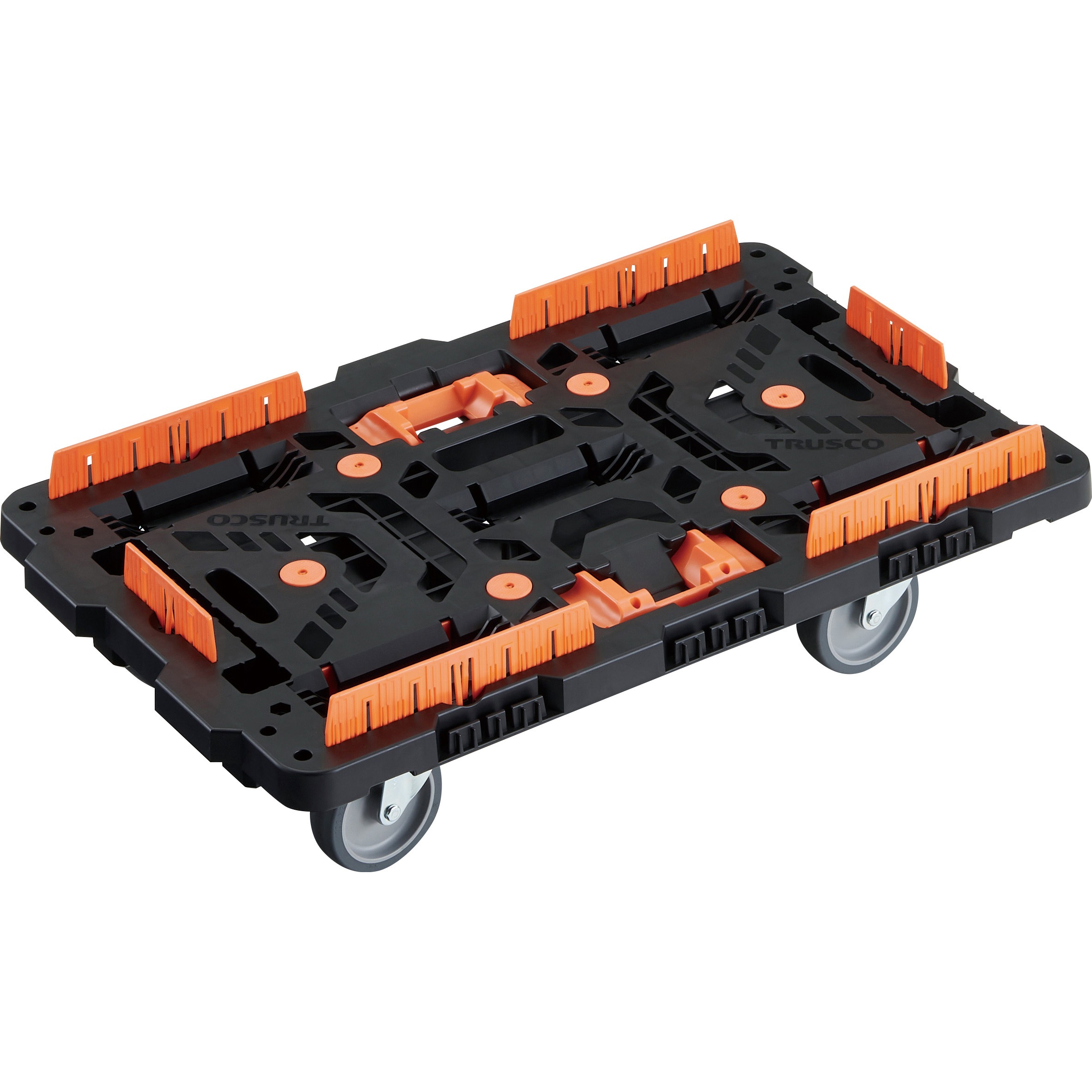 BT700KJ5-E100T 連結型樹脂製平台車ビートル オール自在タイプ(とめたろう・収納式柵付) TRUSCO 樹脂(PP)再生材100%製 ブラック色 荷台寸法700×450mm 1台 BT700KJ5-E100T