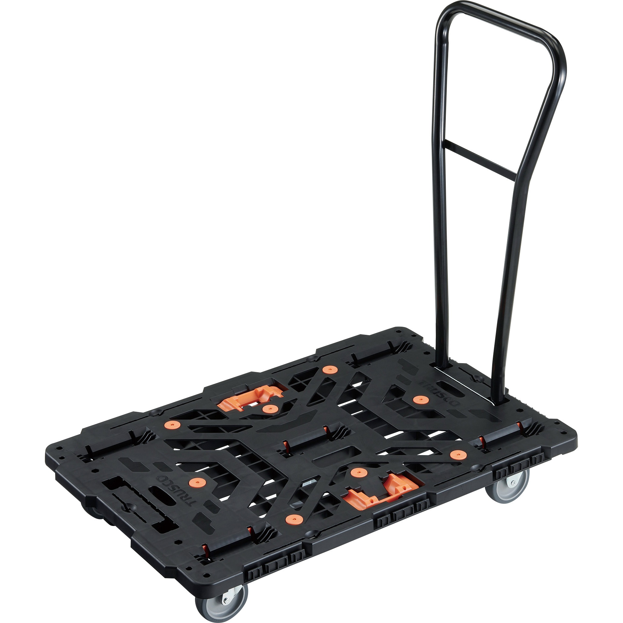 BT900J3H-E100T 連結型樹脂製平台車ビートル 自在・固定タイプ(脱着式ハンドル・とめたろう付) TRUSCO 樹脂(PP)再生材100%製 ブラック色 荷台寸法900×600mm 1台 BT900J3H-E100T