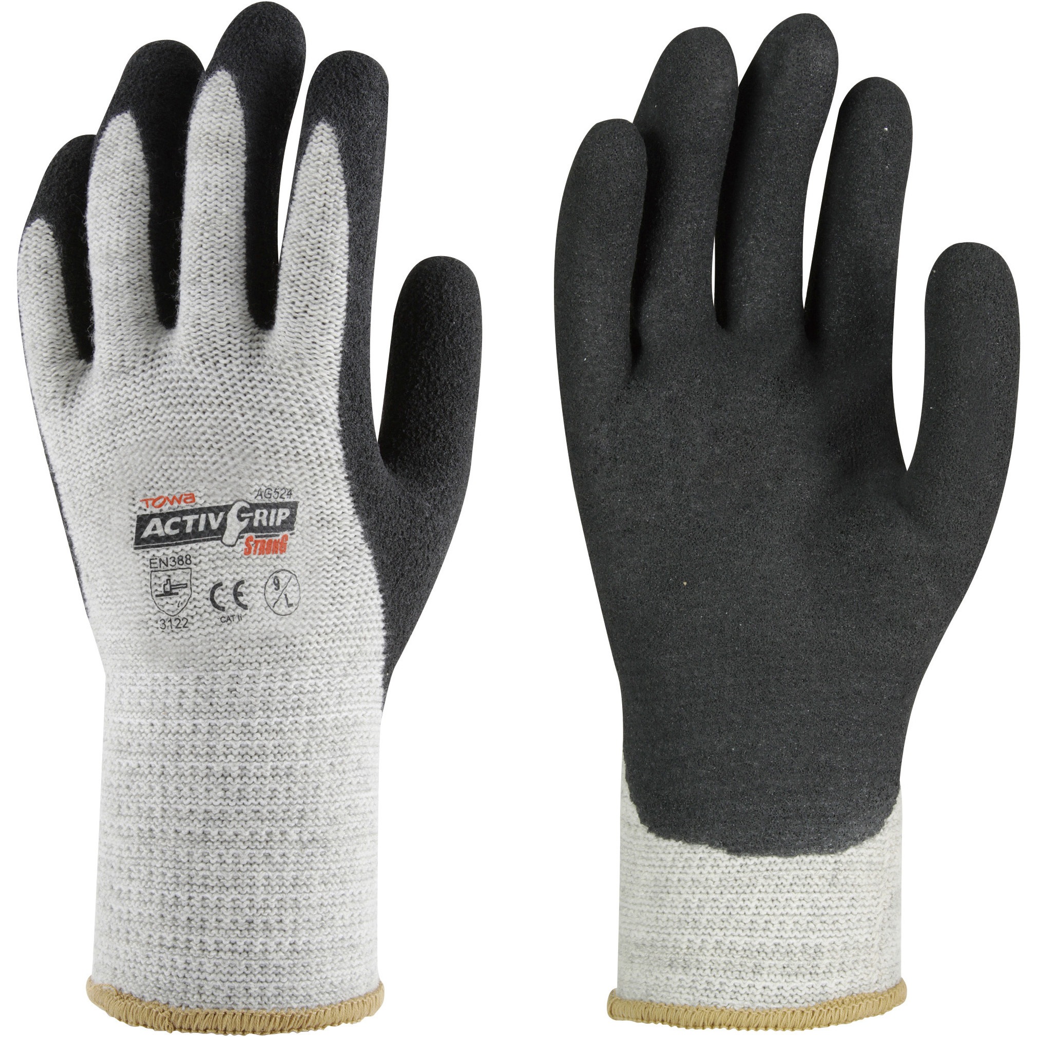 524-L ニトリル背抜き手袋 アクティブグリップストロング トワロン(TOWA/東和コーポレーション) ポリエステル・綿製 10ゲージ 10双入 グレー/ブラック色 サイズL  524-L