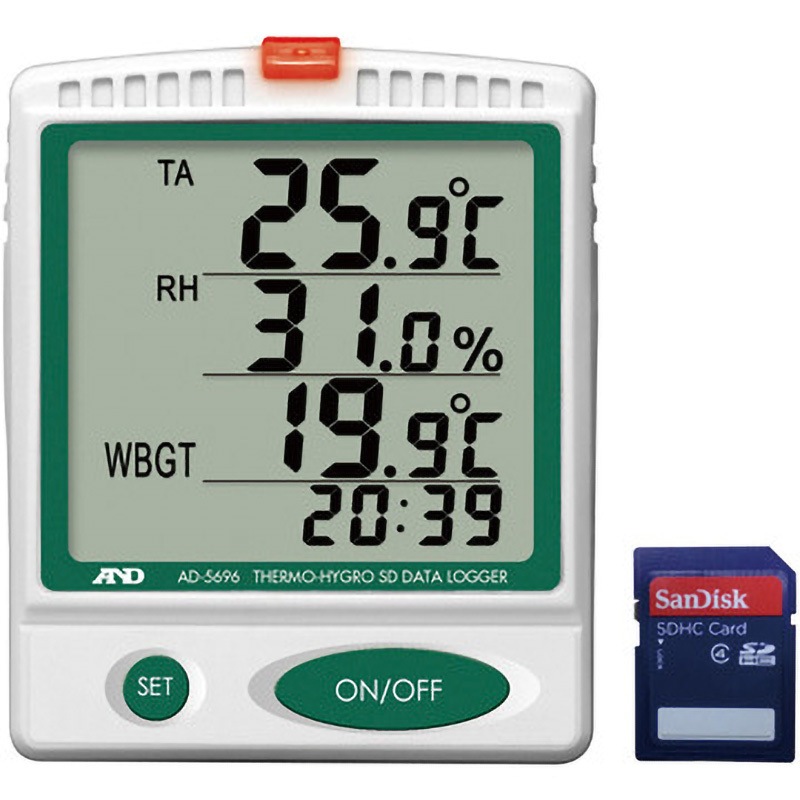 置物温度計 AD5696-00A00 (一般校正書類付) 温湿度SDデータロガー 熱中症指数計