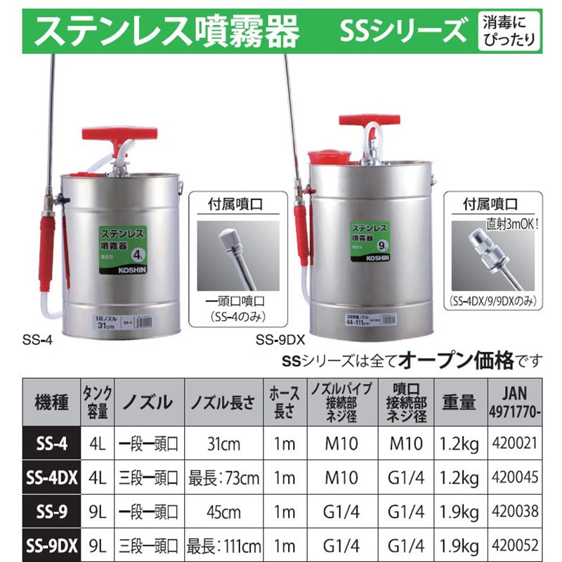 SS-4DX ステンレス製半自動噴霧器 1台 工進 【通販モノタロウ】