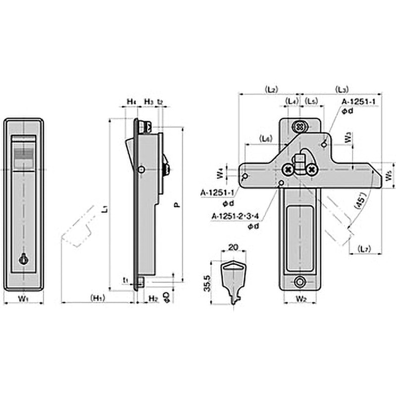 A-1251-2-1(#0050) ステンレス 平面ハンドル TAKIGEN(タキゲン) 鍵0050