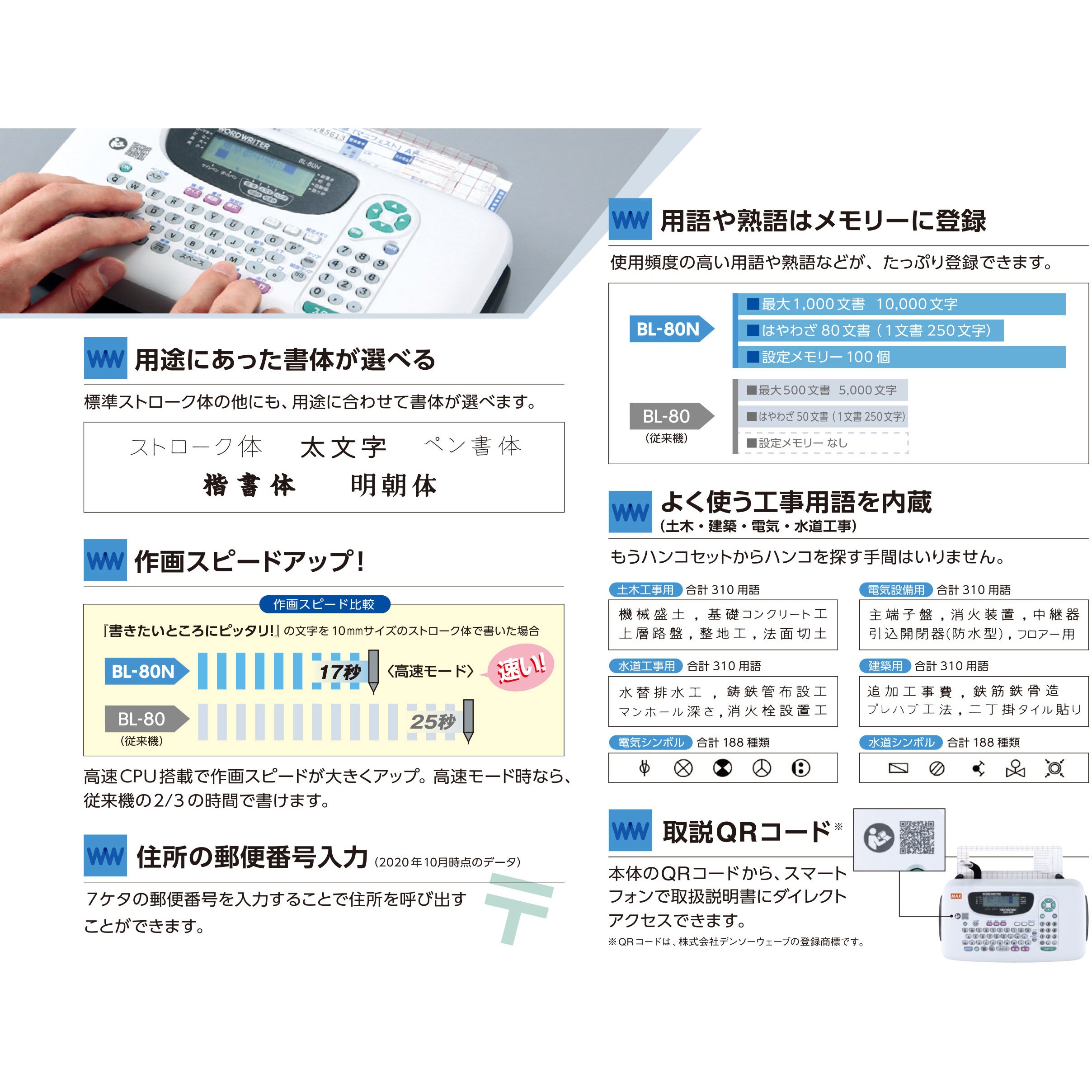 BL-80N ワードライタ マックス 本体幅288mm奥行235mm高さ53mm BL-80N