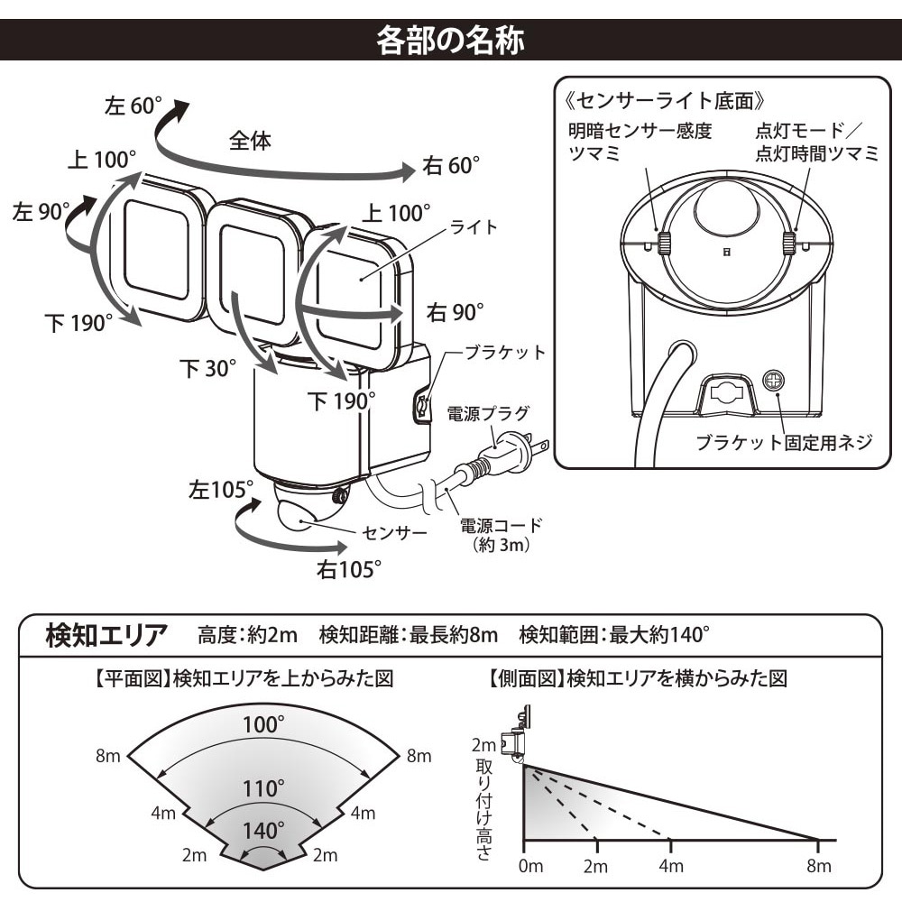 LS-A450W3 防犯センサーライト コンセント式 オーム電機 昼光色