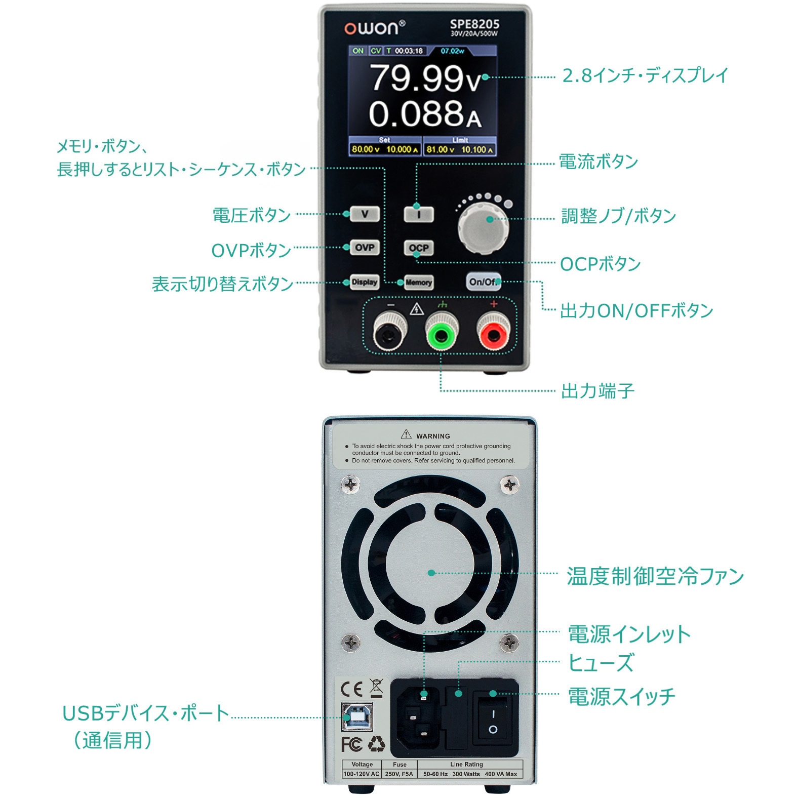 SPE6205 1ch、最大500W、10mV/1mA プログラマブルDC電源 1台 OWON
