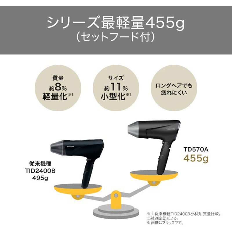 新素材新作 TD570A-K ヘアドライヤー 最軽量 折りたたみ プロテクトイオン ヘアドライヤー
