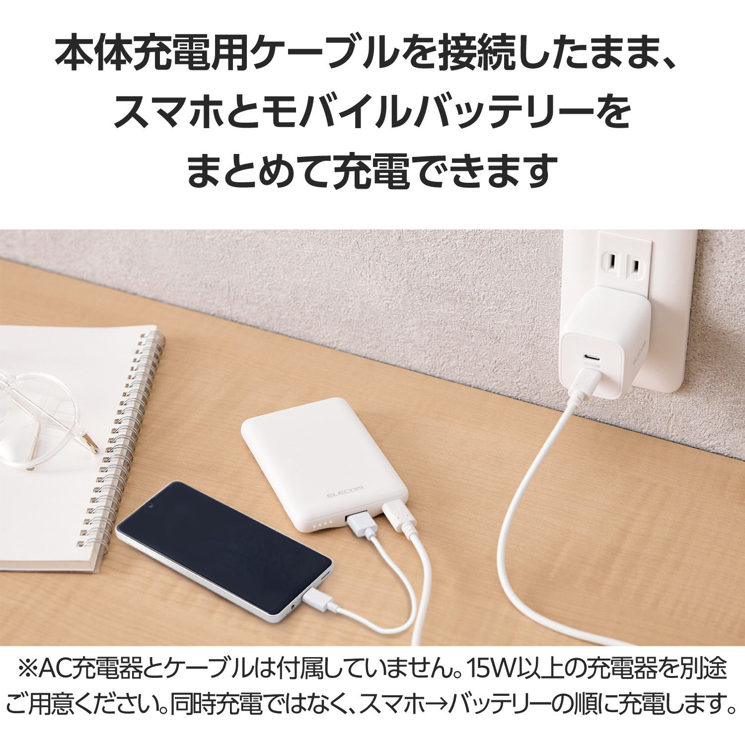 EC-C12WH モバイルバッテリー 5000mAh 軽量 小型 最大15W 入出力(Type