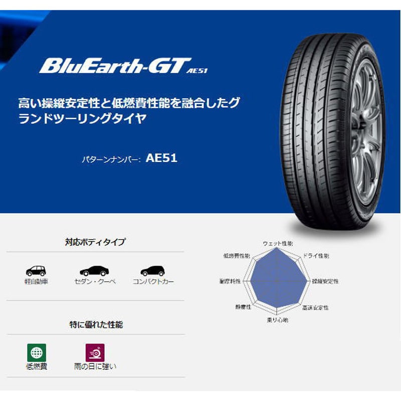 185/65R15 88H 【サマータイヤ4本set】 YOKOHAMA(ヨコハマ) BluEarth-GT AE51 横浜ゴム(YOKOHAMA)  乗用車 タイヤサイズ185/65R15 88H 1セット(4本) - 【通販モノタロウ】