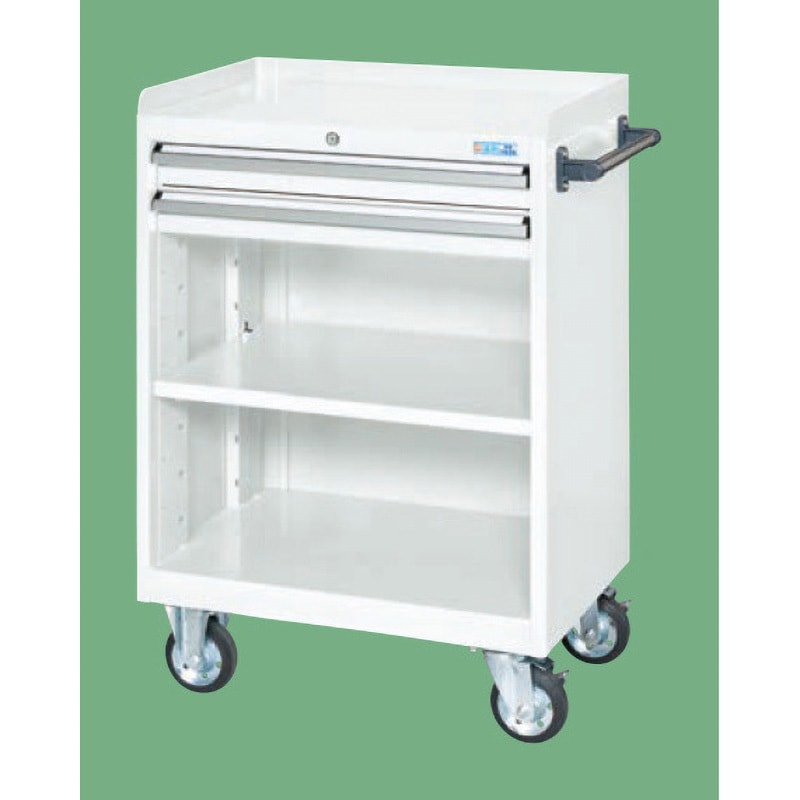 CV-102TW キャビネットワゴン(棚板付) サカエ 均等荷重20kg ストッパー付き2個キャスター H80×2段 (本体・引出)パールホワイト色  CV-102TW