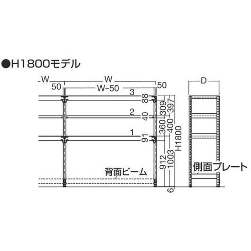 BFW1809M03T 中量ボトムフリーラック(下段開放棚)(300Kg/段・3段タイプ) サカエ アイボリー色 荷重900kg 単体タイプ 高さ1800mm奥行450mm  BFW1809M03T