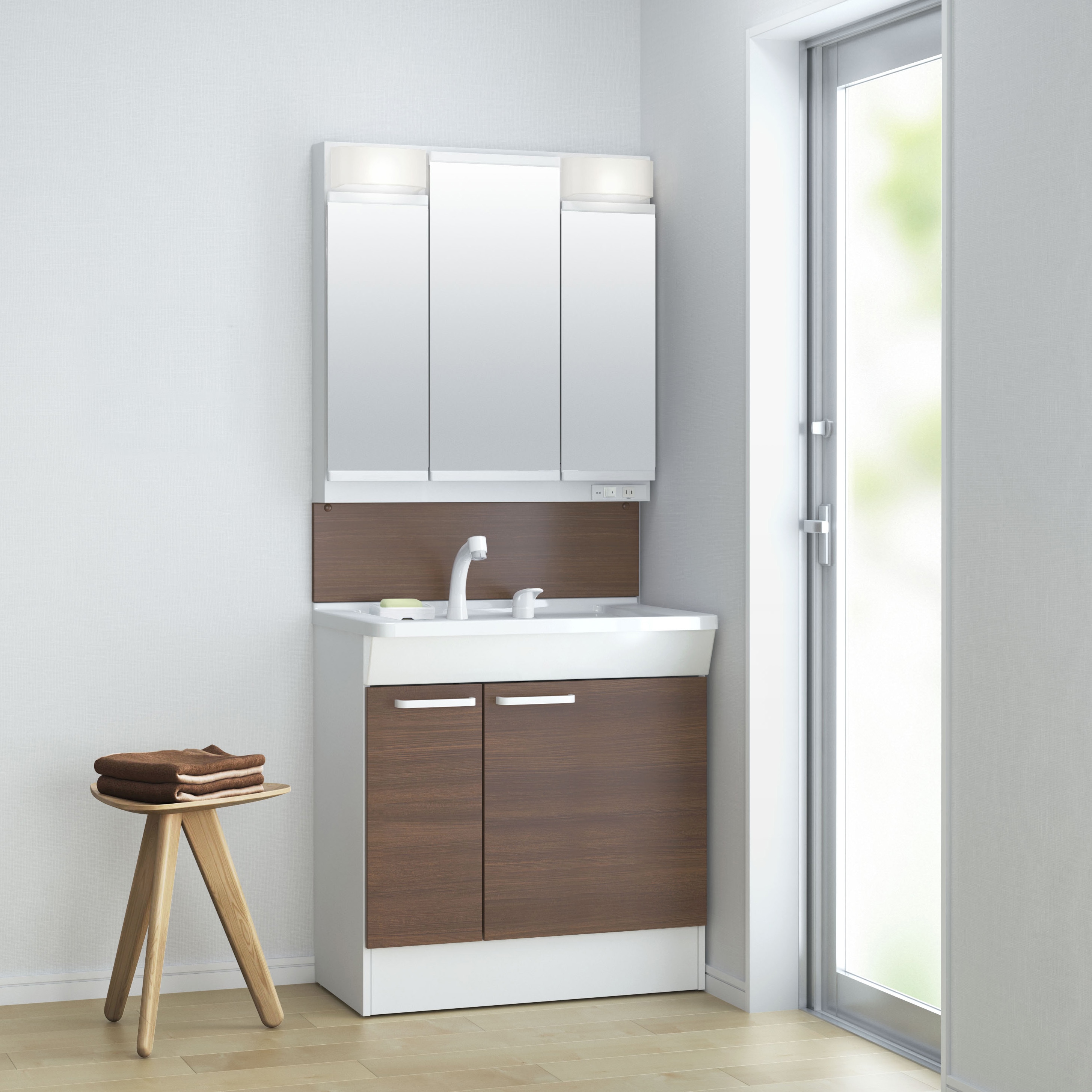 鏡台 洗面化粧台KCシリーズ【三面鏡(750LED)+片引き出し(750)+750バック