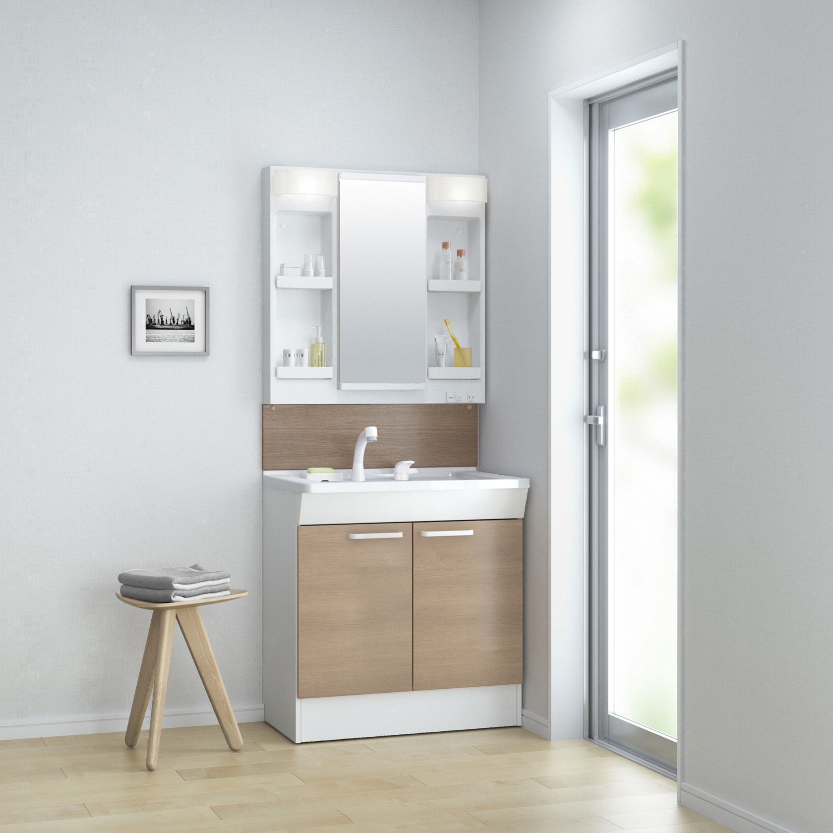 洗面化粧台 洗面化粧台KCシリーズ【一面鏡(750LED)+2枚扉(750)+750バックパネル