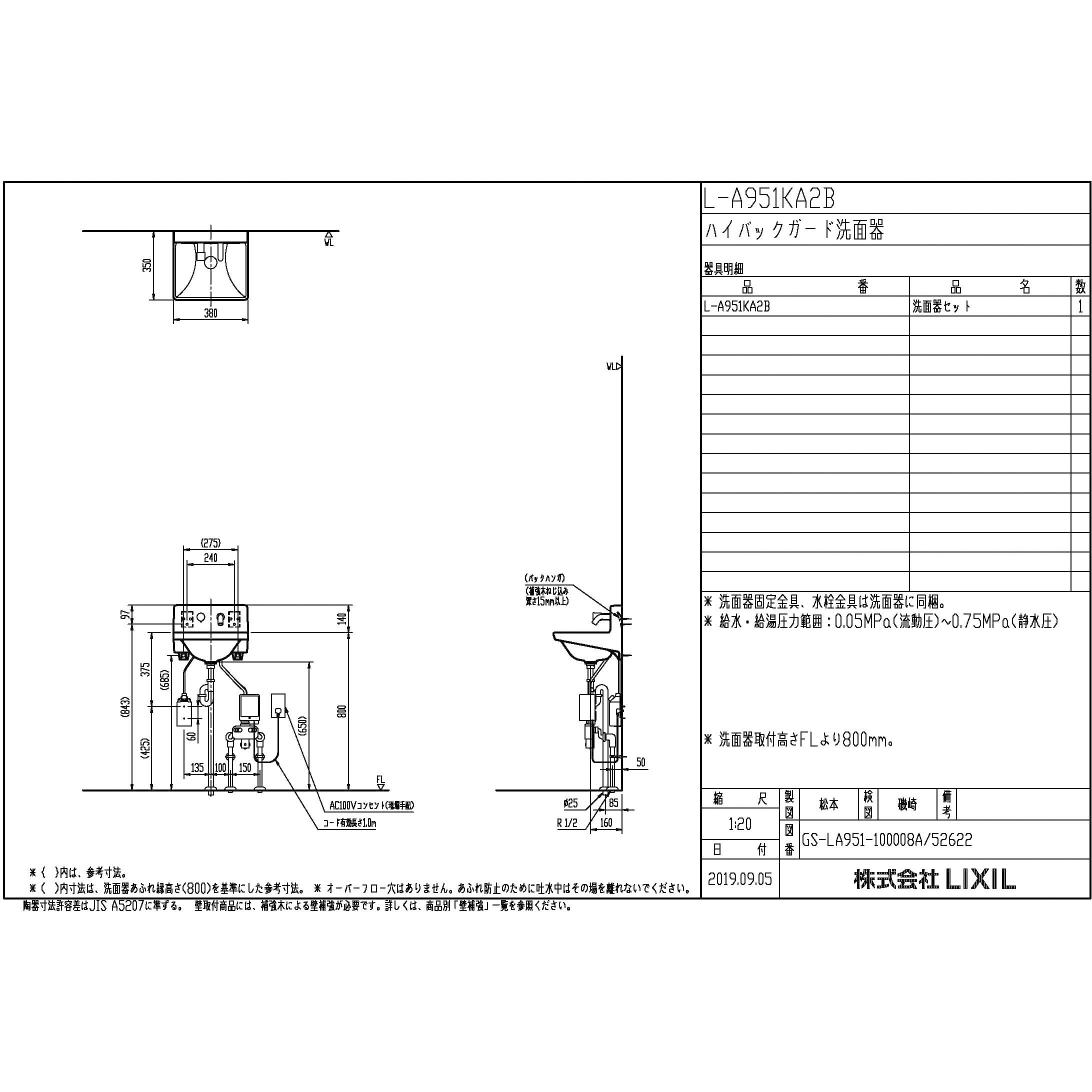 bさま専用 L-A951KA2B/BW1 ハイバックガード洗面器 Mサイズ 自動混合水栓 水