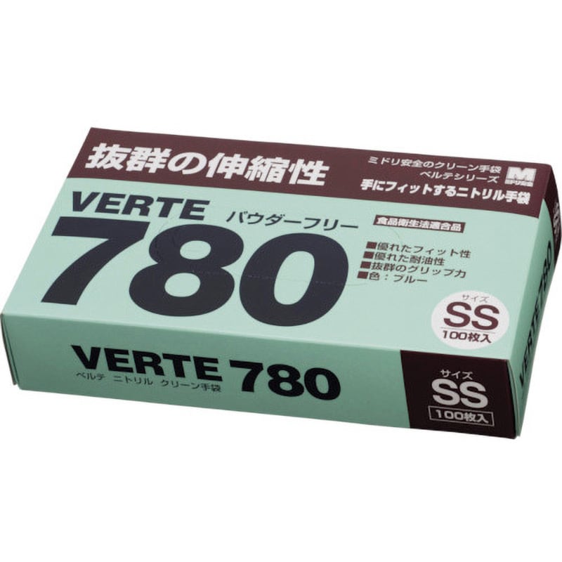 VERTE-780-N-SS ディスポタイプ ニトリル製ソフト手袋 SSサイズ ミドリ安全 100枚入 粉無 ブルー色 VERTE-780-N-SS  - 【通販モノタロウ】