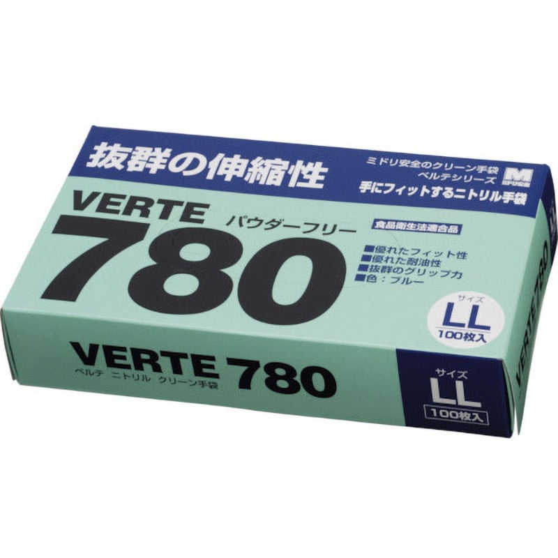 VERTE-780-N-LL ディスポタイプ ニトリル製ソフト手袋 ミドリ安全 ブルー色 100枚入 粉無 サイズLL VERTE-780-N-LL  - 【通販モノタロウ】