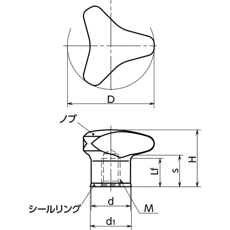 KTLFS-50-M8-A4-HP-HD スリーロブノブ - ハイジェニックデザイン 1個