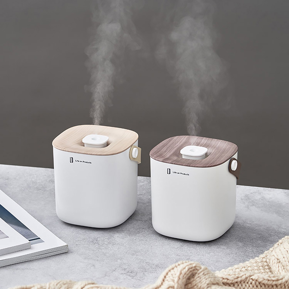 充電式ボックス型加湿器 -Premium WOOD- グレージュウッド/ホワイト