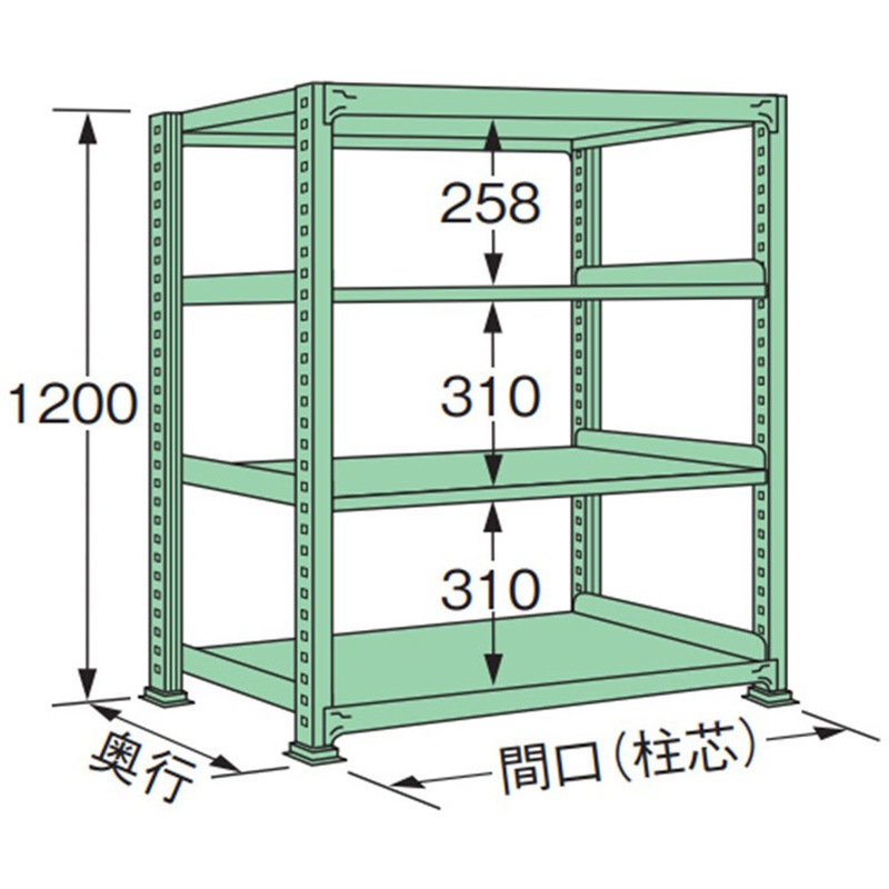 ML1209M04T 単体 中量棚250kg 高さ1200mm 浅香工業 4段 グリーン色