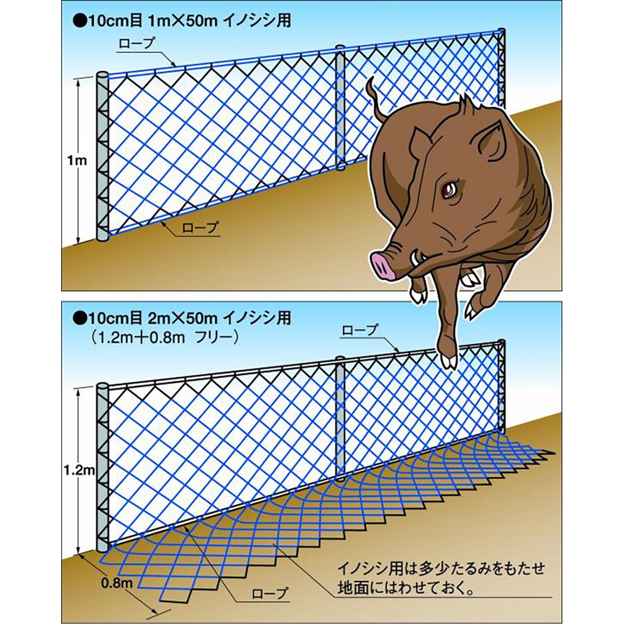 B猪用1.0mx50m 防獣ネット(380D×72本) 東京戸張 青色 幅1m長さ50m 1枚 