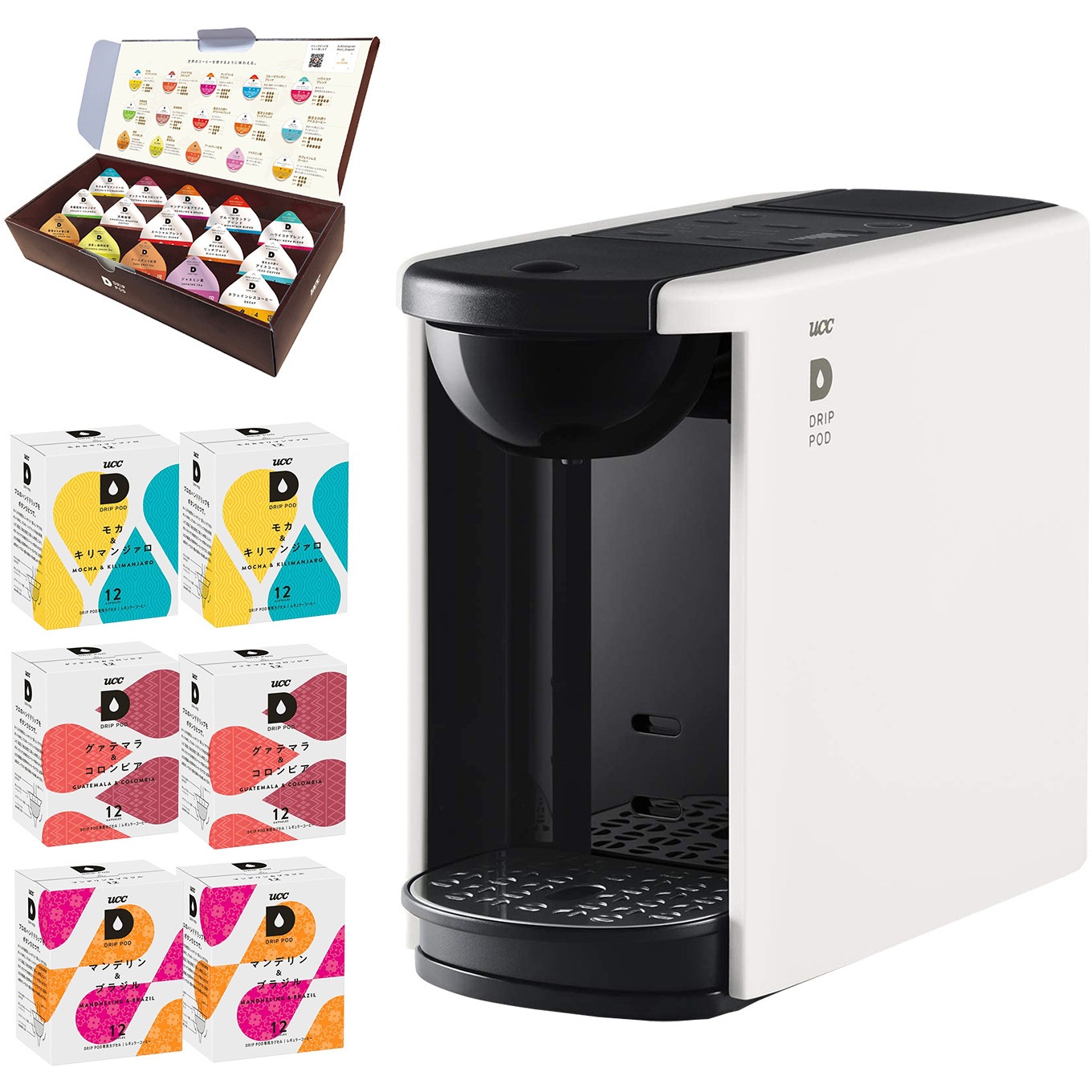DP3セツトW+アソートサンチ カプセル式コーヒーメーカー ドリップポッド DRIP POD 15種カプセルお試しボックス付 選べるアソートセット 1セット(12個×6箱) UCC(上島珈琲) 【通販モノタロウ】