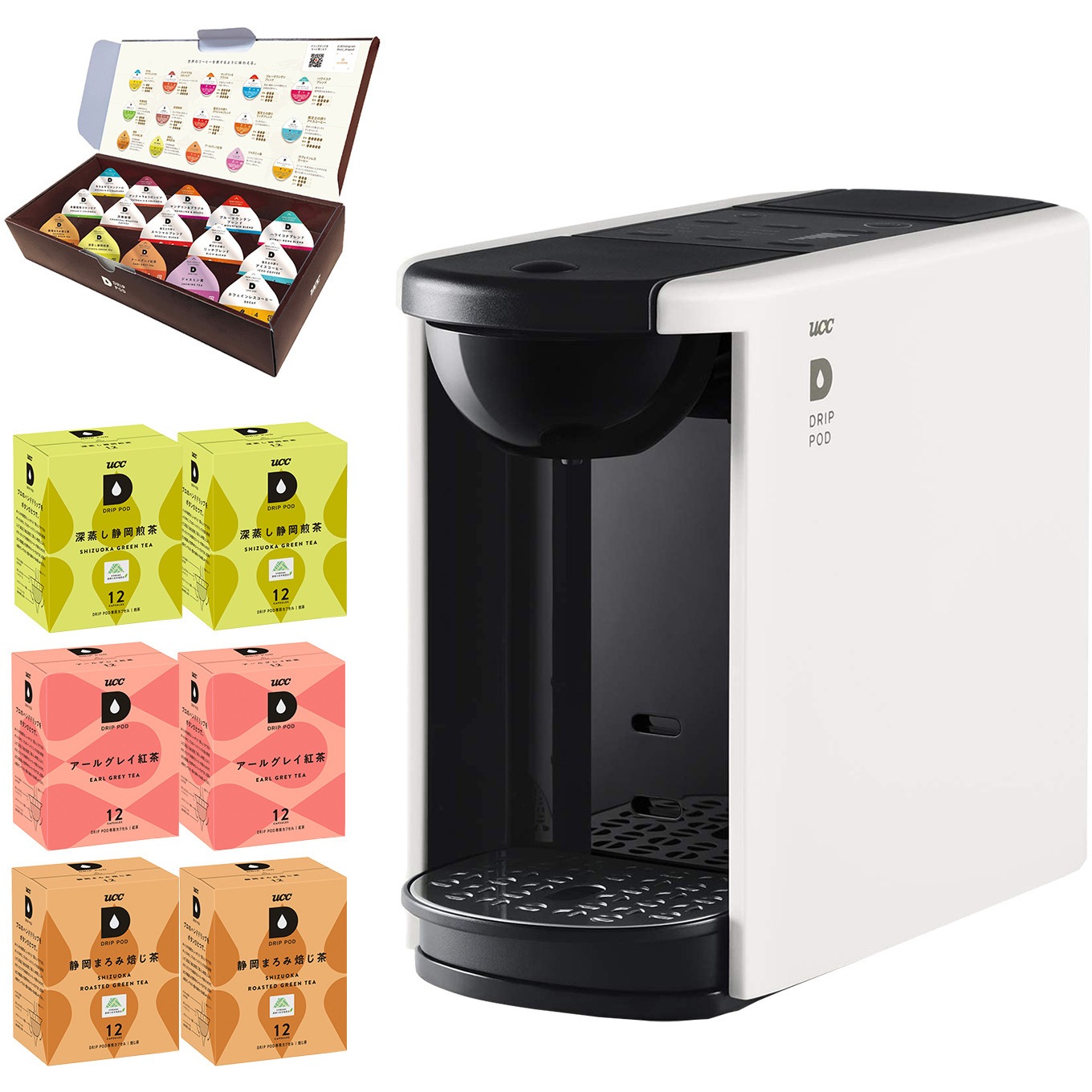 DP3セツトW+アソートテイー カプセル式コーヒーメーカー ドリップポッド DRIP POD 15種カプセルお試しボックス付 選べるアソートセット 1セット(12個×6箱) UCC(上島珈琲) 【通販モノタロウ】