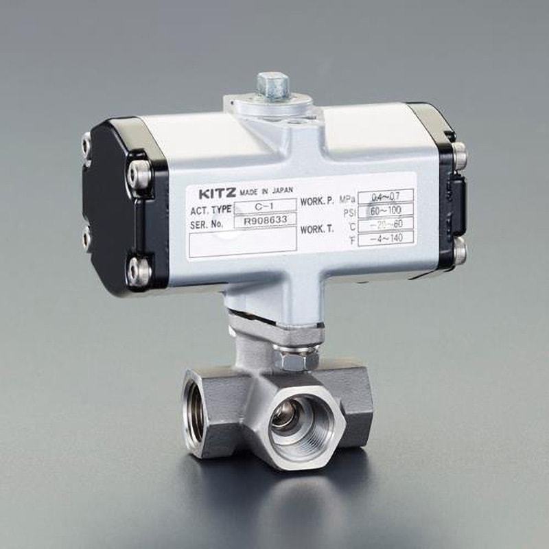 EA470BW-103 Rc 3/8"  空圧式三方ボールバルブ(ステンレス製) エスコ 空気・水・油用