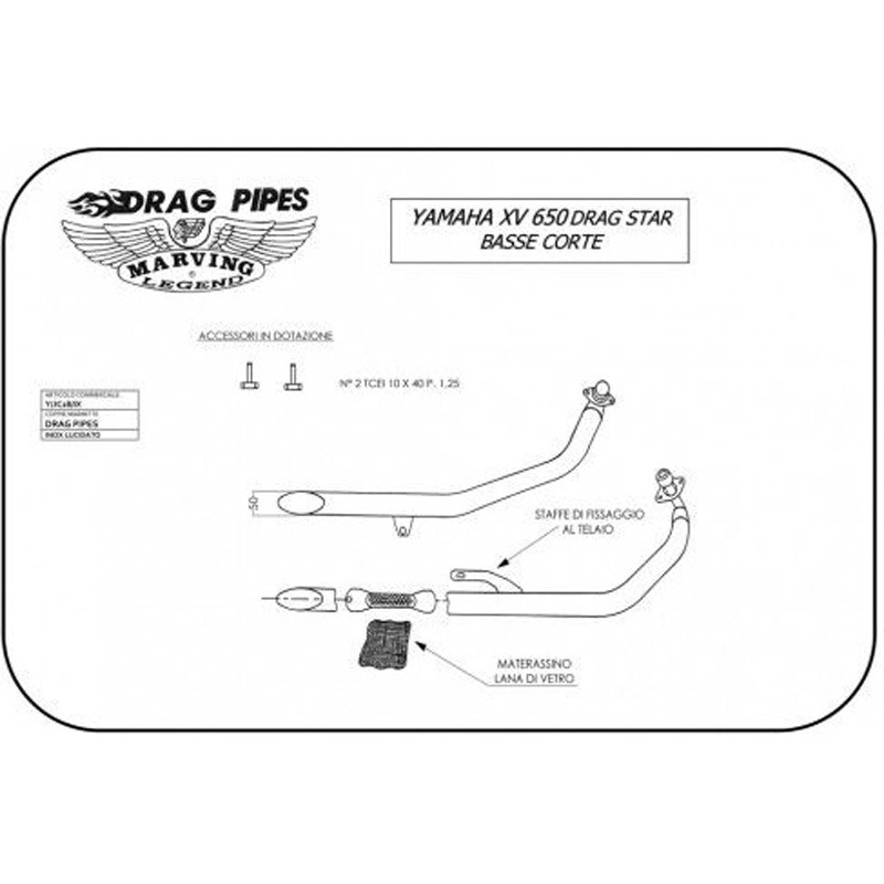 Y/JC28/IX フルシステム ドラッグパイプ low short ステンレススチール &Oslash； 50 Yamaha XVS 650 DRAG STAR (97- 1個 Marving Exhaust (マービングエキゾースト) 【通販モノタロウ】