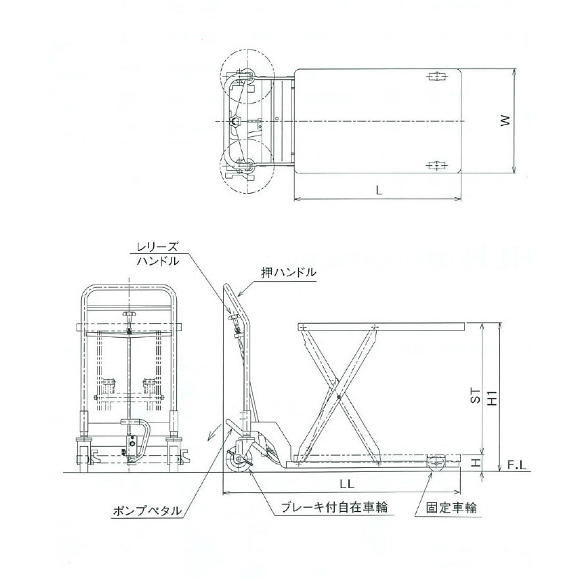 HLH-400-85L 油圧・足踏式テーブルリフト台車 HAMACO 低床タイプ 荷重