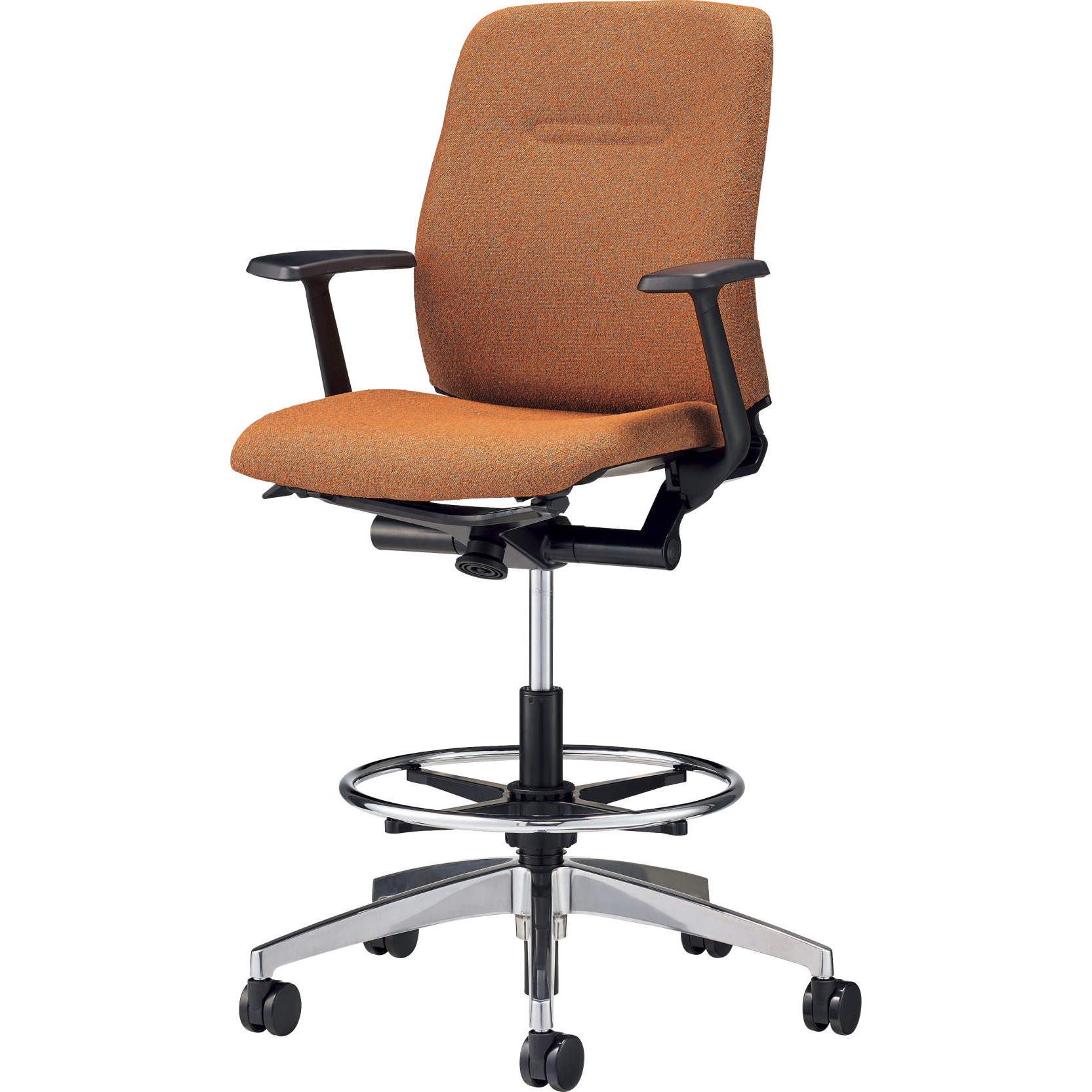 No.3721F オフィスチェアー(コストラ) LION (ライオン事務器) Φ60mmナイロン双輪キャスター アルミ脚・ハイタイプ 肘掛あり オレンジ色