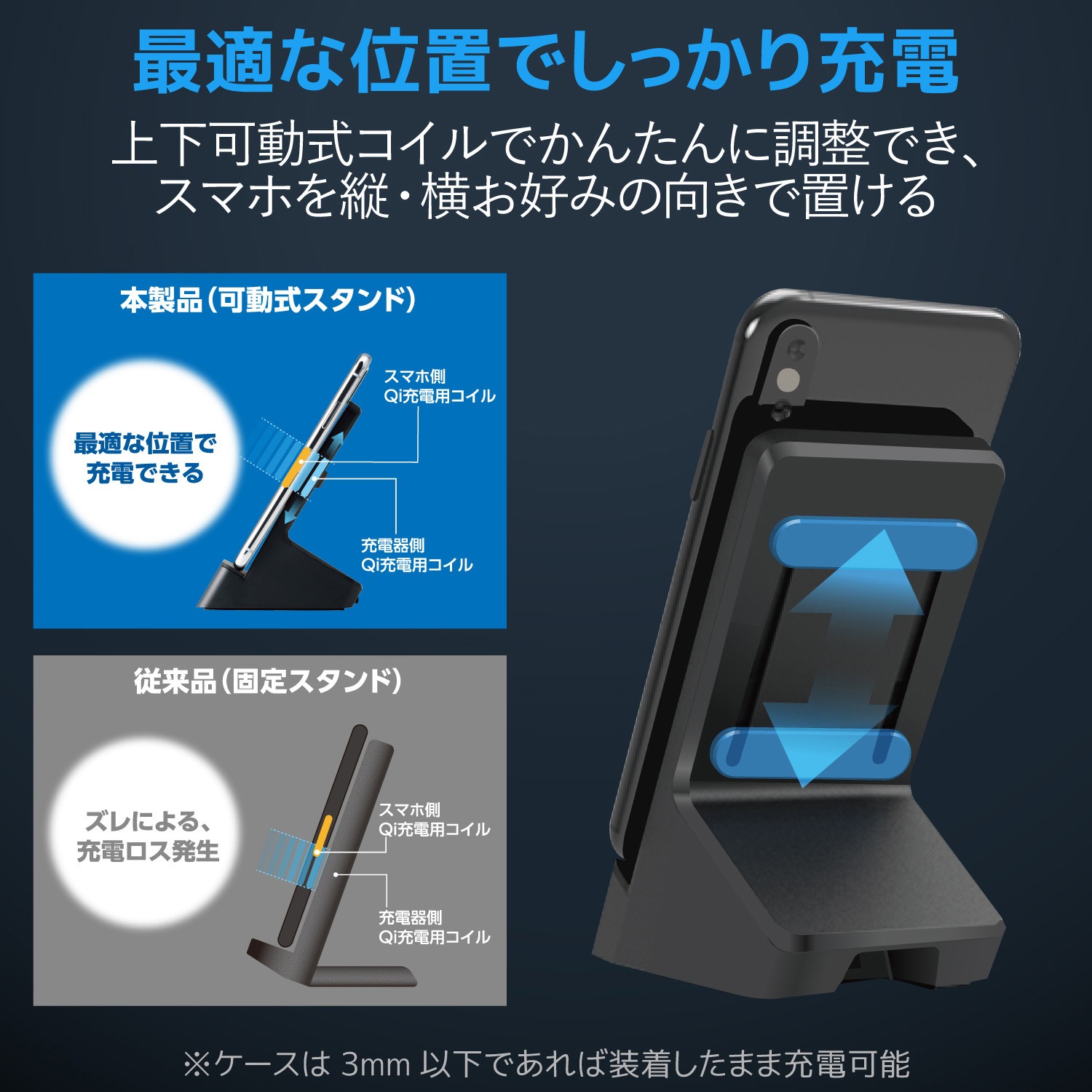 EC-QS03BK ワイヤレス充電器 Qi 最大出力10W 標準5W 可動式スタンド 