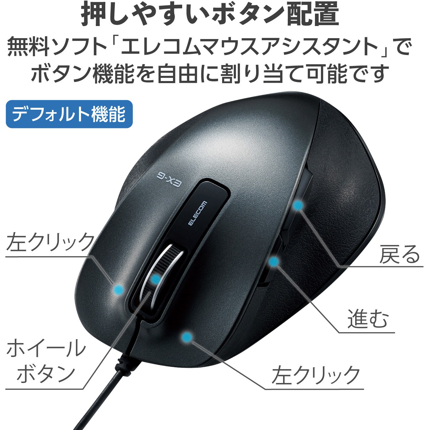 M Xgm10ubbk Ec マウス 有線 Mサイズ 5ボタン 戻る 進むボタン搭載 Blueled 握りの極み ケーブル長1 5m エレコム 光学センサー ブラック 通販モノタロウ 65407239