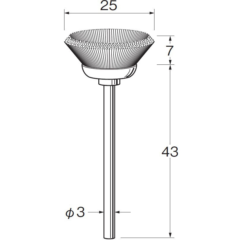 B5121 軸付ベベル型ブラシ 鉄波線 リューター(日本精密機械工作) 軸径3mm外径25mm 1セット B5121