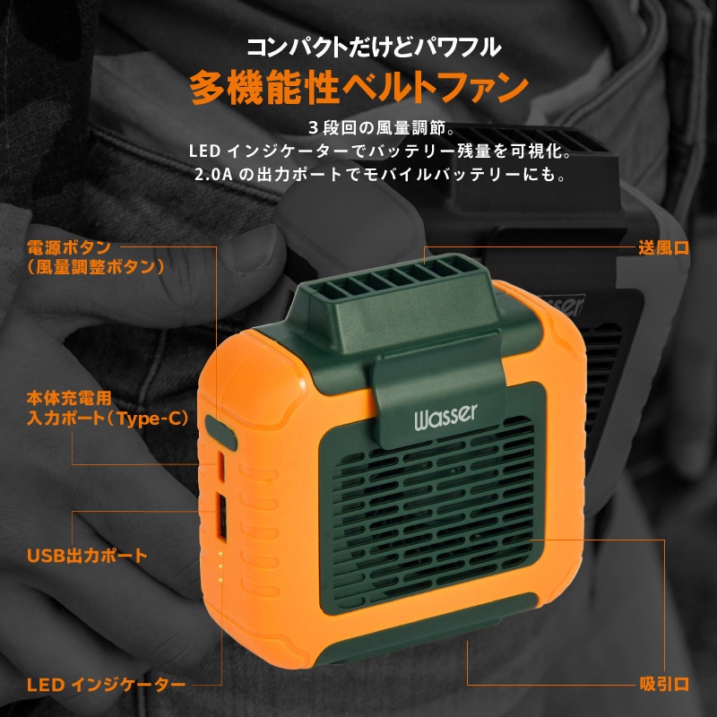 wasser_fan004-g ベルトファン 腰掛けハンズフリー 携帯小型扇風機 1個 大河商事 【通販モノタロウ】