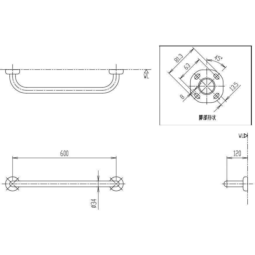KF-910S60J 多用途用手すり(I型)ステンレスタイプ 1個 INAX KF-910S60J 多用途用手すり(I型)ステンレスタイプ 1個 INAX