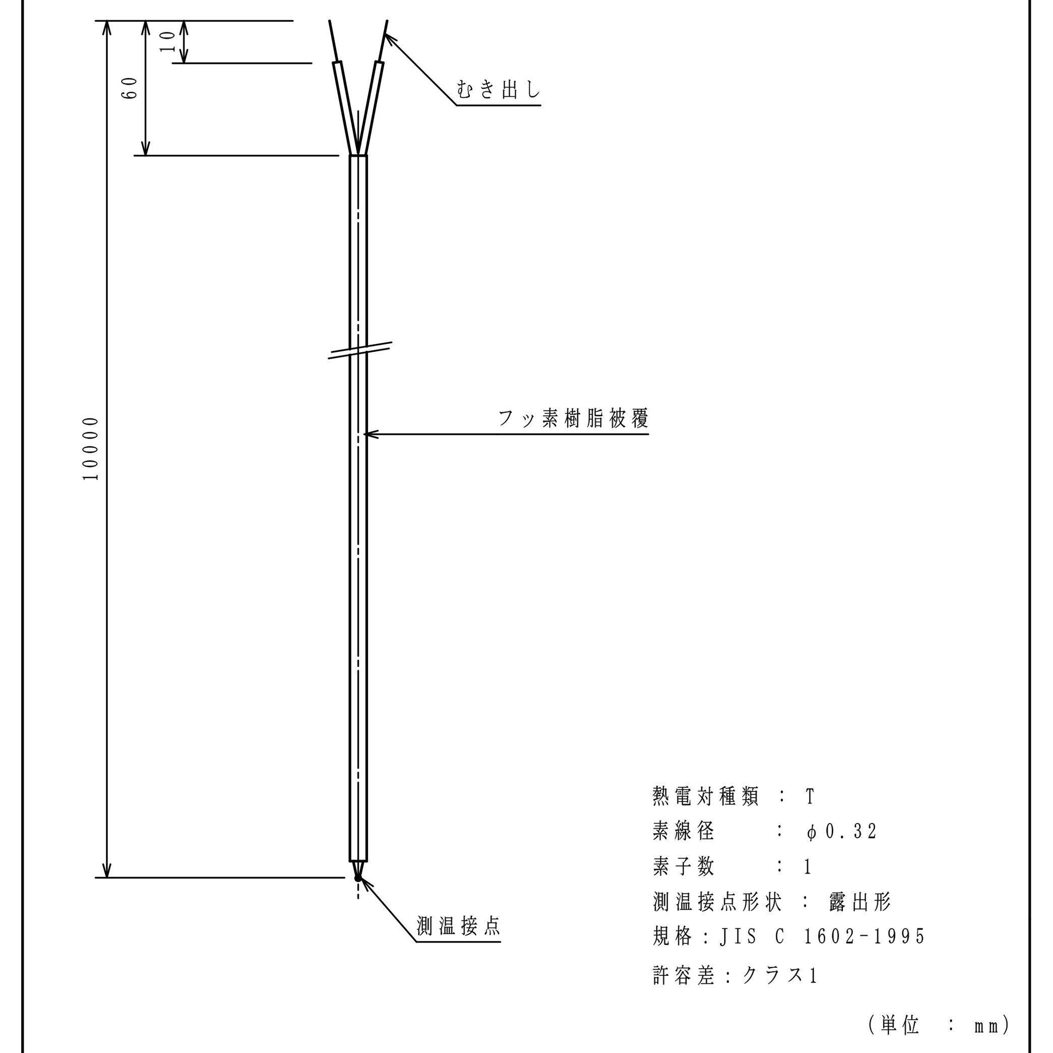D-TF10P 被覆熱電対 林電工 シングル タイプT 長さ10m