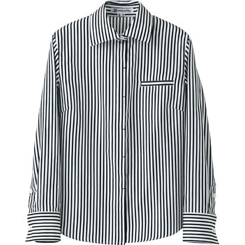 WH7616-9 シャツ・女・長袖 セブンユニフォーム カフス折り返し 女性用 先染めストライプ ブラック×ホワイト色 サイズ7  WH7616-9 5,698円