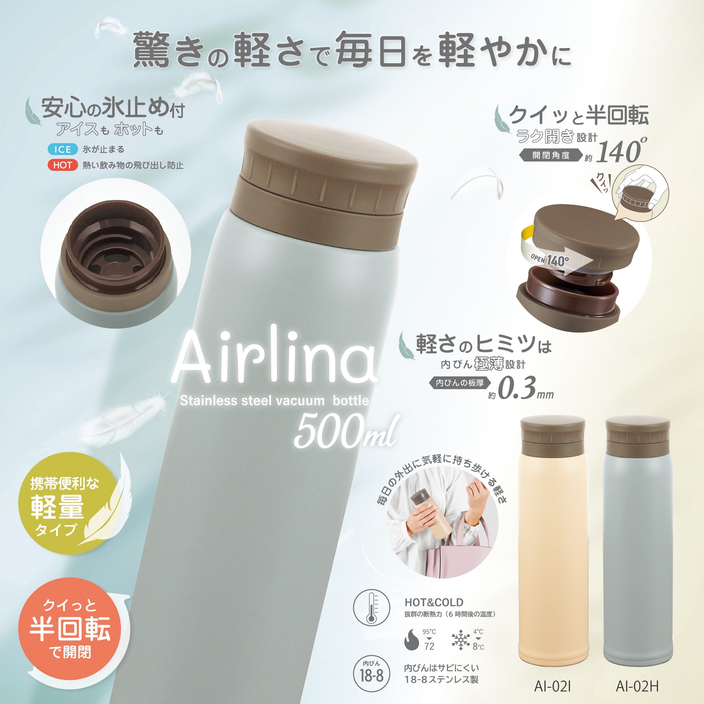 AI-03I エアリーナ ステンレスボトル カクセー 容量500mL グレー色 AI
