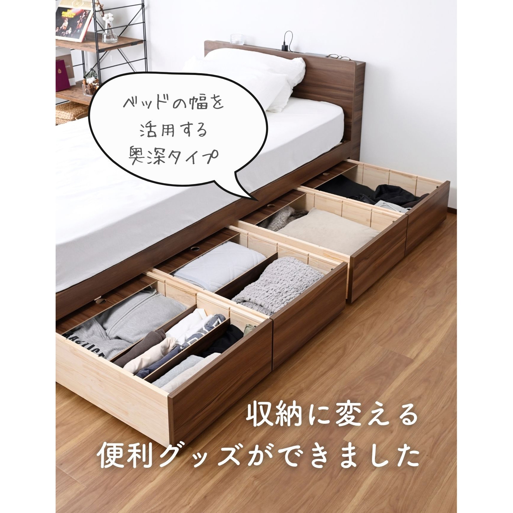 SDBD-S(WH) ベッド下 引き出し 2個組 深型 フタ付き キャスター付き